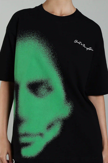 green abstract face t-shirt close up view