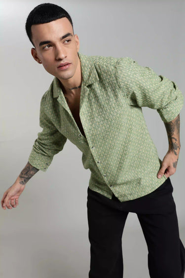 A MAN WEARING THE GREEN JACQUARD FULL SLEEVE SHIRT FOR MEN