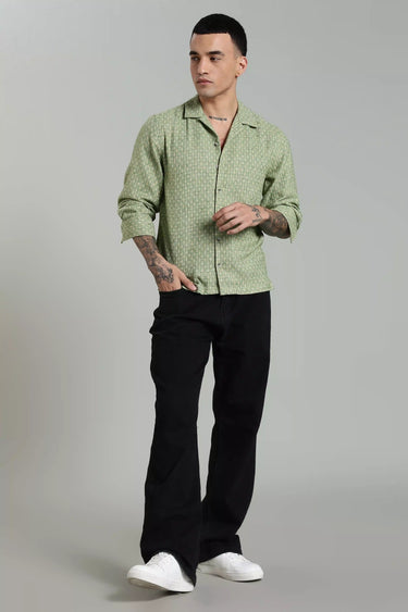 A MAN POSING WITH THE GREEN JACQUARD FULL SLEEVE SHIRT FOR MEN