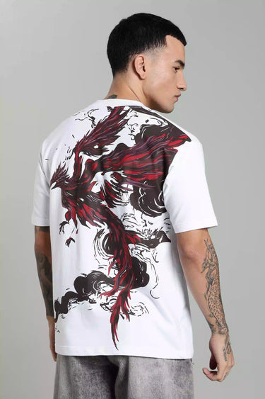 Person wearing an unisex oversized white pheonix t-shirt with a red and black dragon design on the back against a gray background