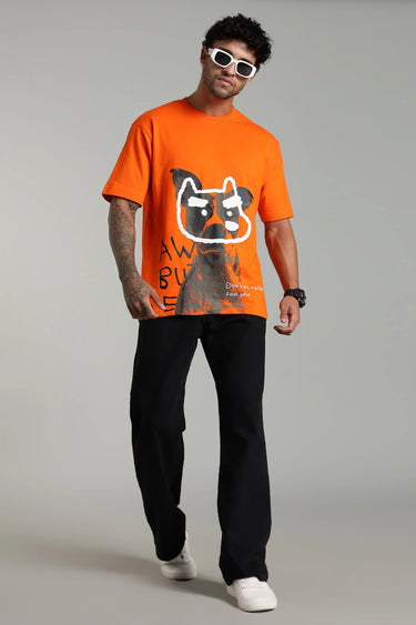 a man wearing dog print oversized t shirt - front view