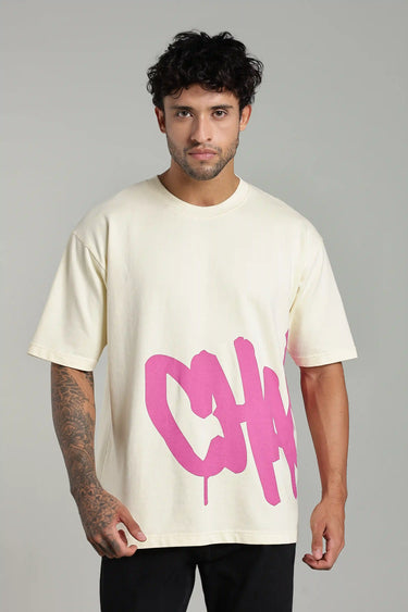 front-view a man wearing biege chaotic oversized t-shirt