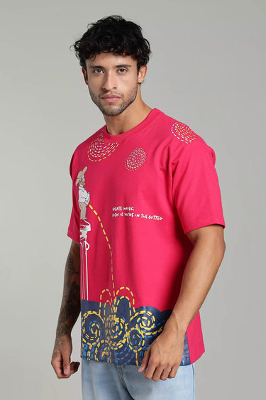 Bright pink graphic oversized t-shirt with wave patterns, featuring a relaxed, oversized fit. - LYVN