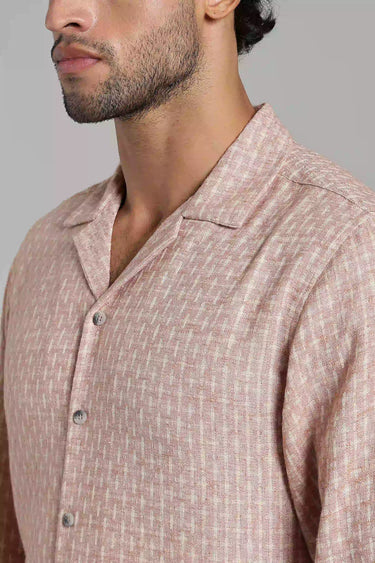 closeup side profile of pink jacquard shirt