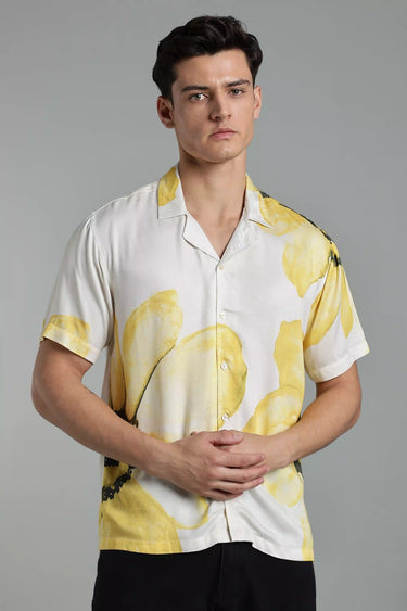Man wearing a Yellow Floral Print Shirt for Men on a gray background