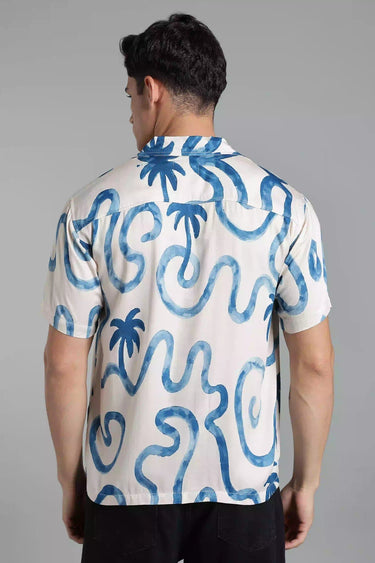 Man wearing a Short-Sleeve Palm Tree Shirt for Men on a gray background