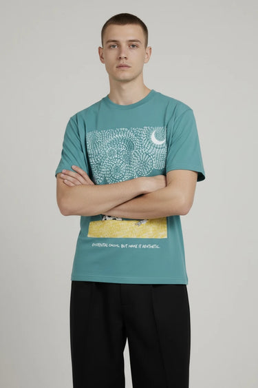 Teal graphic t-shirt with crescent moon, windmill in an oversized fit. - LYVN