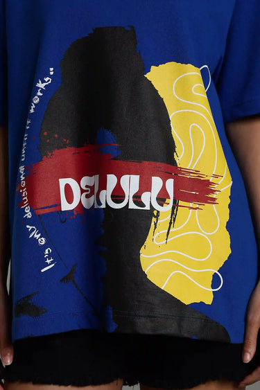 closeup view of BLUE DELULU OVERSIZED T-SHIRT
