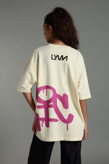 backview of a woman wearing biege chaotic oversized t-shirt
