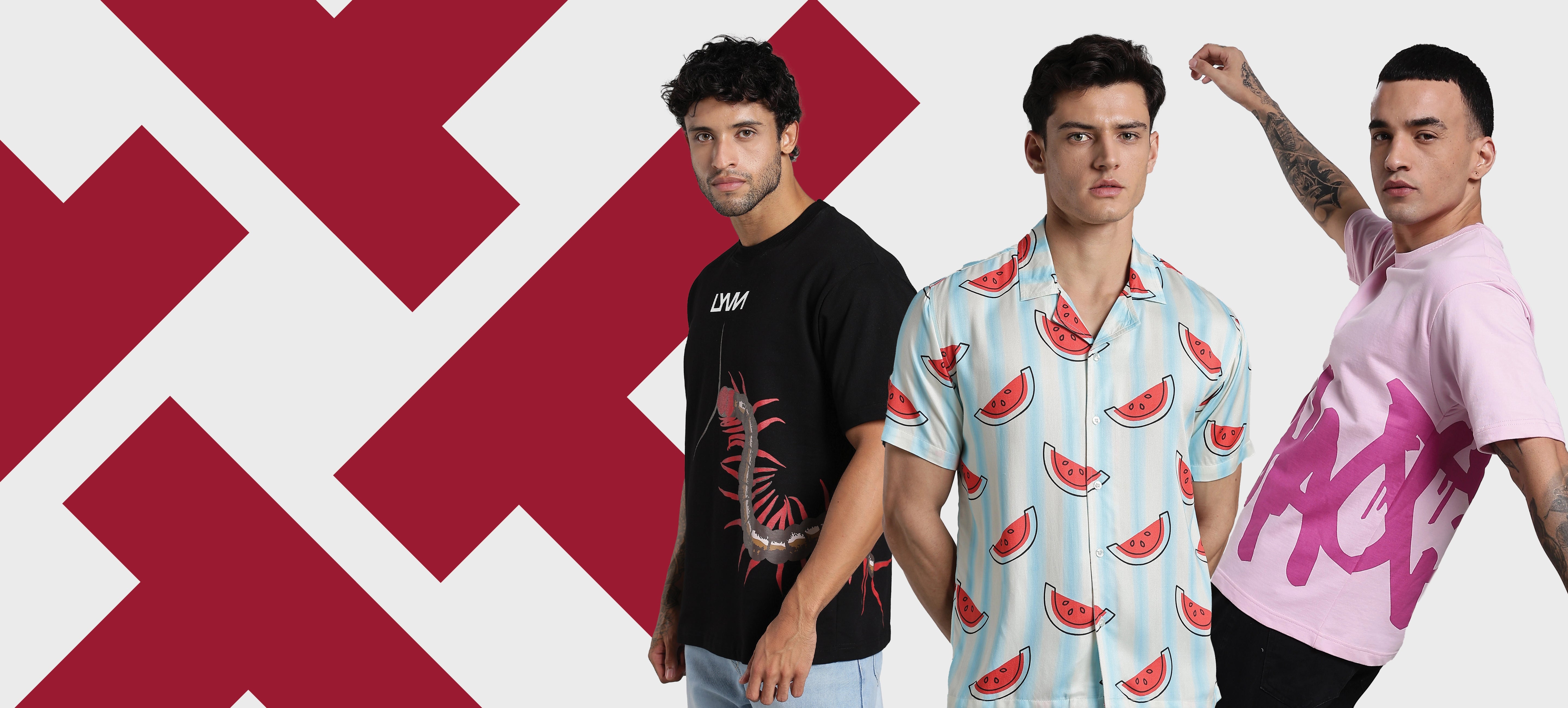 Three men wearing different unisex overiszed t-shirts with a red and white geometric patterned background