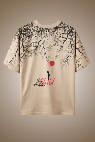 the hidden child beige oversized graphic t shirt - frontview