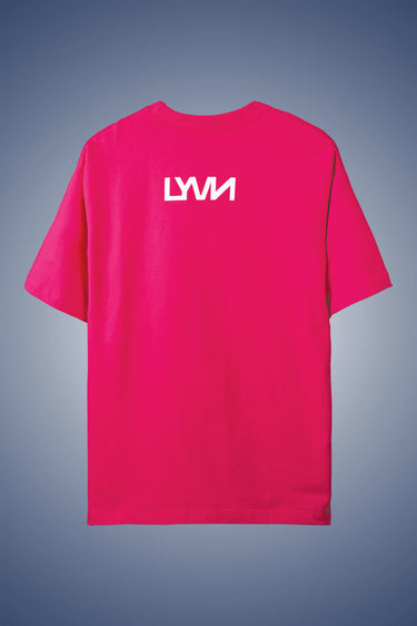 Bright pink oversized graphic t-shirt with white "LYVN" text on back, short sleeves, relaxed fit. - LYVN