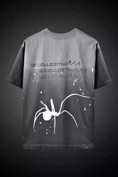 Black t-shirt with white spider graphic and text on a dark background - backview