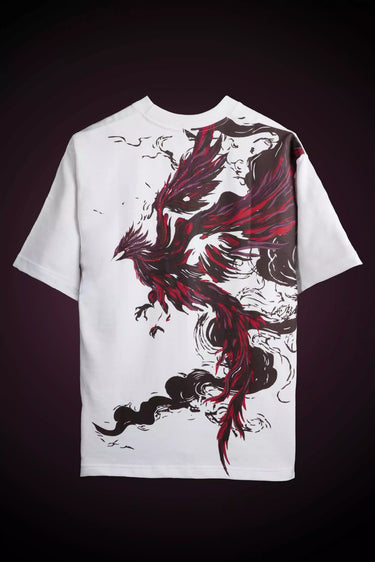 White t-shirt with a red phoenix design on a dark background