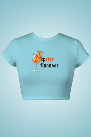 Light blue graphic crop top with 'Spritzfluencer' text and graphic on a light blue background