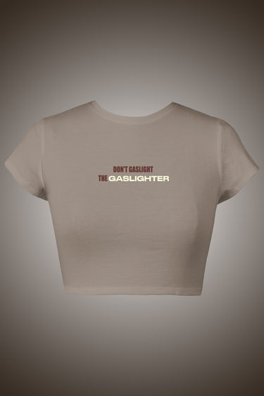 Dark Beige Graphic Crop Top with bold "GASLIGHTER" text in red and yellow, short sleeves.