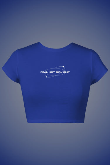 Blue fitted graphic crop top with white "HOT GIRL SHIT" text on front.