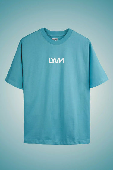 teal oversized fish t-shirt - front view with lyvn logo