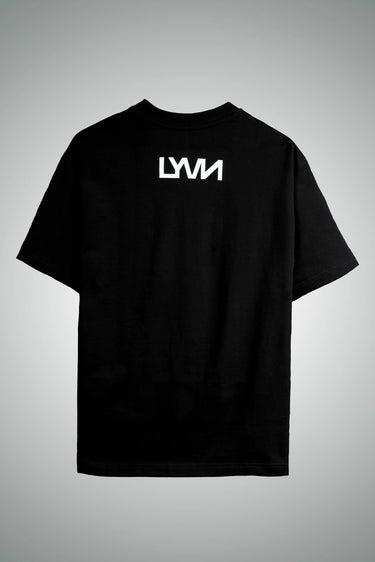 Black t-shirt featuring the logo 'LYMN' printed on the back, perfect for casual style and everyday wear.