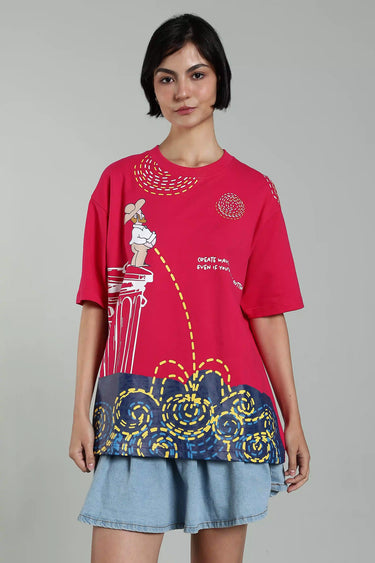 Pink oversized graphic tee with Van Gogh-inspired yellow-blue design. - LYVN