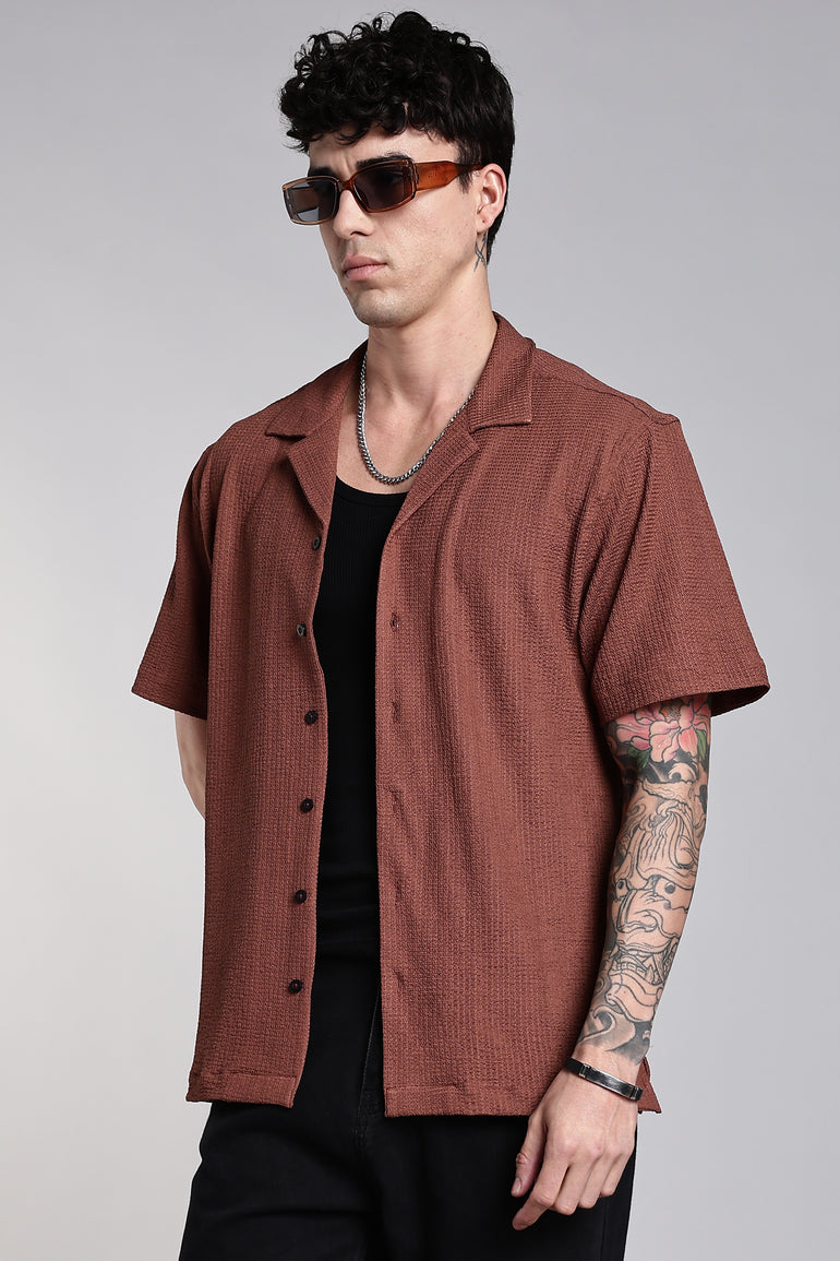 BROWN TEXTURED SLIM FIT SHIRT