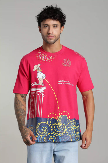 Men's pink oversized graphic oversized tee with Van Gogh–style yellow and blue designs. - LYVN