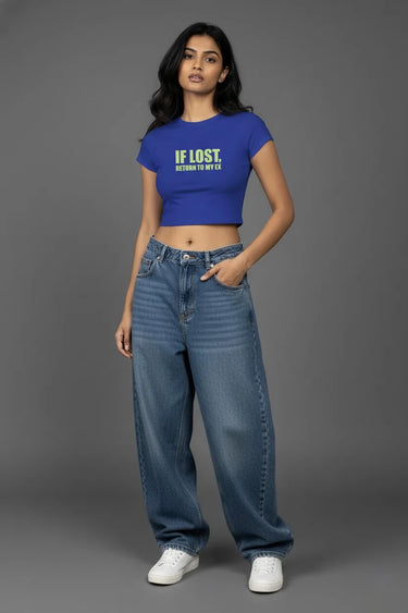 Blue fitted graphic crop top with yellow and white "IF LOST, RETURN TO MY EX" text, short sleeves.