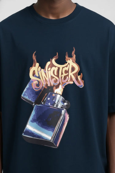 Navy oversized graphic t-shirt with flaming lighter design and Sinister text on front.