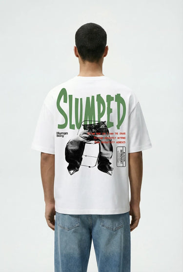 rear view of a man wearing the lazy oversized graphic t-shirt