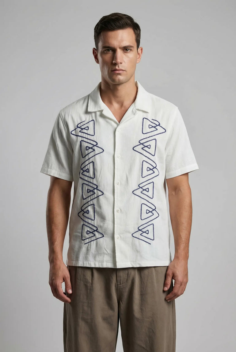 Velvet Textured Embroidered Shirt Blue