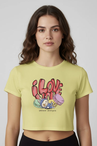 Yellow graphic crop top with colorful monster print and "I LOVE" text on front. - LYVN