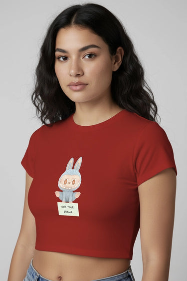 A woman wearing the red drama graphic crop that says "NOT YOUR DRAMA"