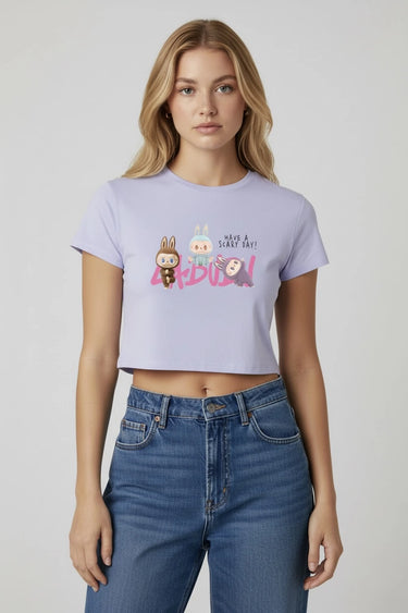 Lilac graphic crop top with colorful monster print and "Scary Day" text, short sleeves. - LYVN
