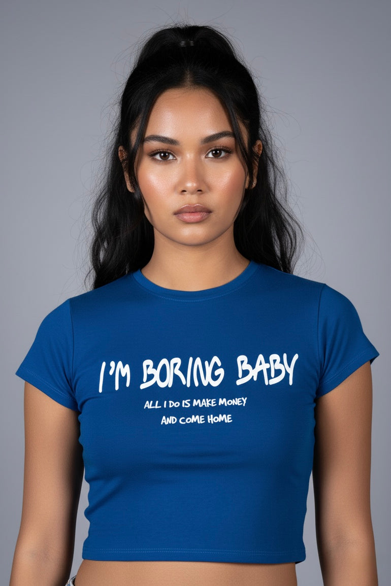 Blue I’m Boring Baby Graphic Crop Top