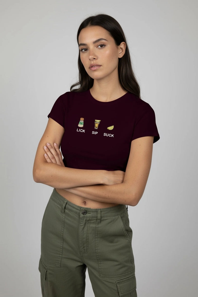 Maroon Lick! Sip! Suck! Graphic Crop Top