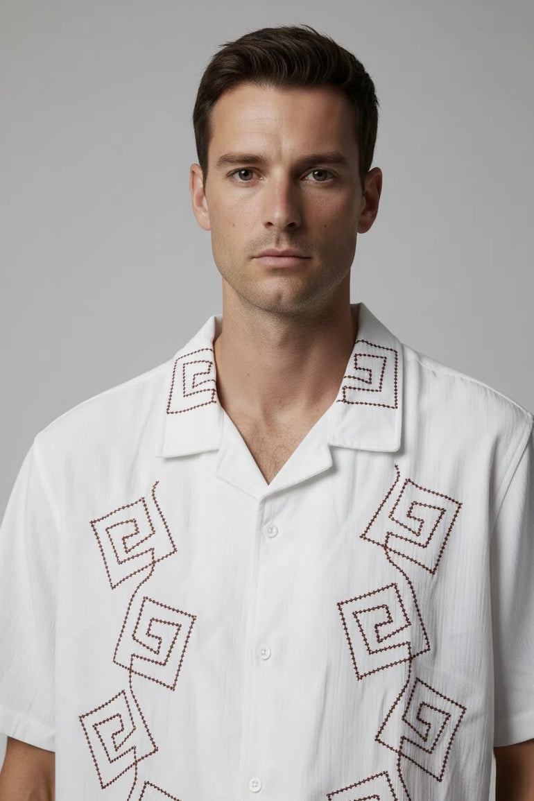 Velvet Textured Embroidered Shirt Maroon