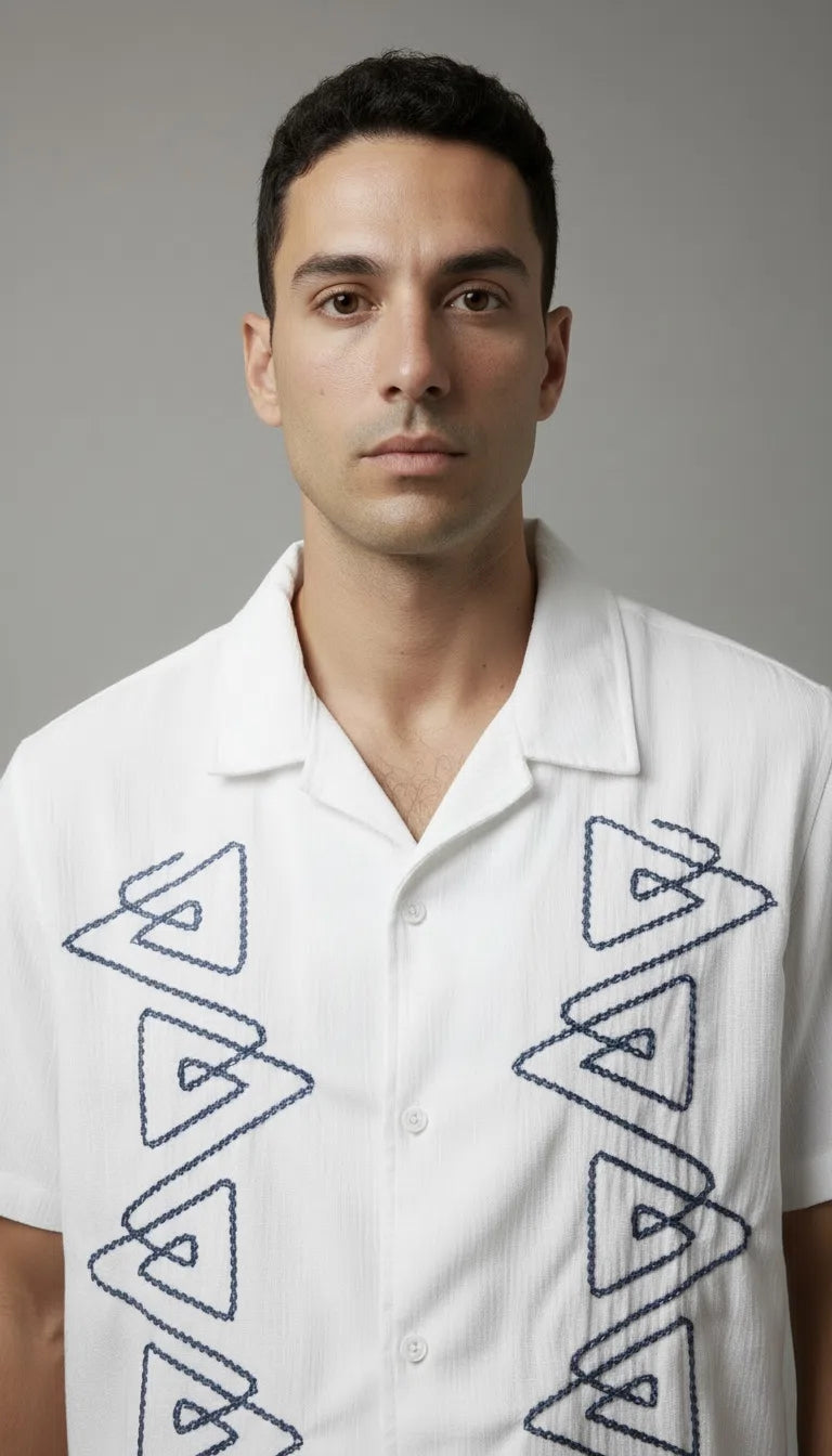 Velvet Textured Embroidered Shirt Blue