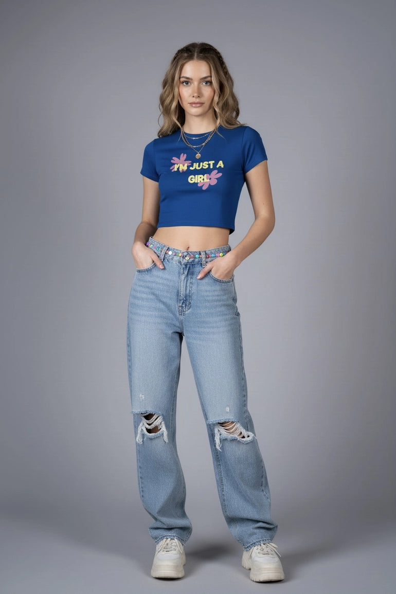 Blue I'm Just a Girl Graphic Crop Top