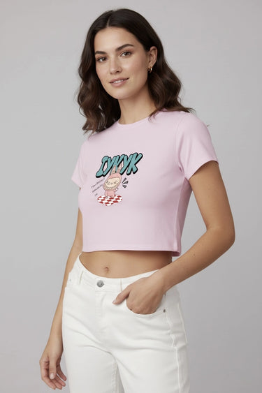 Pink IYKYK monster doll graphic crop top