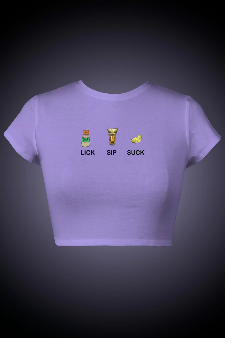 Purple Lick! Sip! Suck! Graphic Crop Top