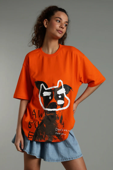 a woman wearing dog print oversized t shirt - front view