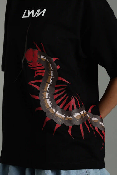 close up shot of the black centipede oversized t-shirt
