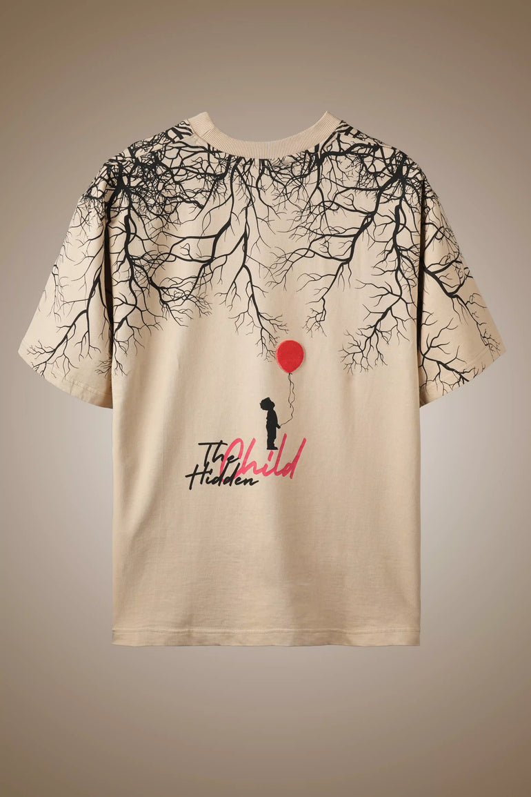 HIDDEN CHILD BEIGE OVERSIZED PRINTED T-SHIRT