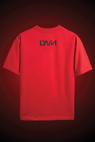 Red t-shirt with black 'LYVN' logo on a dark red background