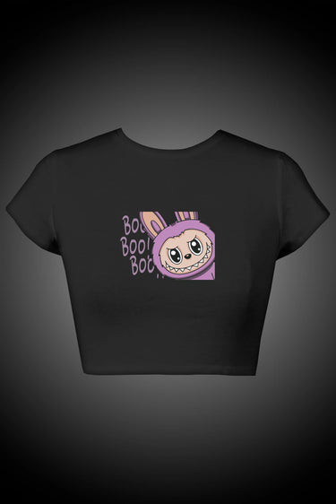 Black crop top with a labubu design and 'Boo! Boo! Boo!' text on a dark background