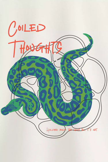 White oversized graphic t-shirt featuring a large green and blue coiled snake with red "Coiled Thoughts" text.