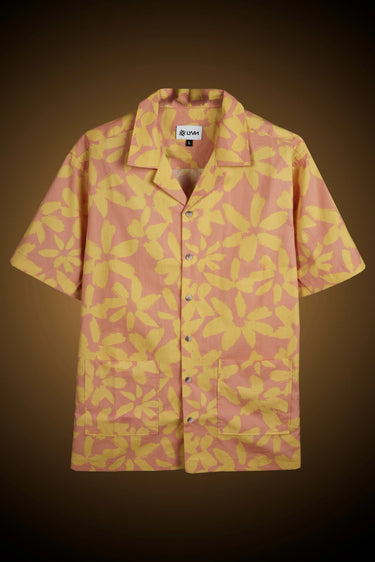 red and yellow floral print shirt