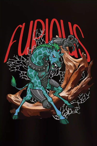 Black oversized graphic t-shirt with a bold turquoise and brown monstrous creature design and red "Furious" text.