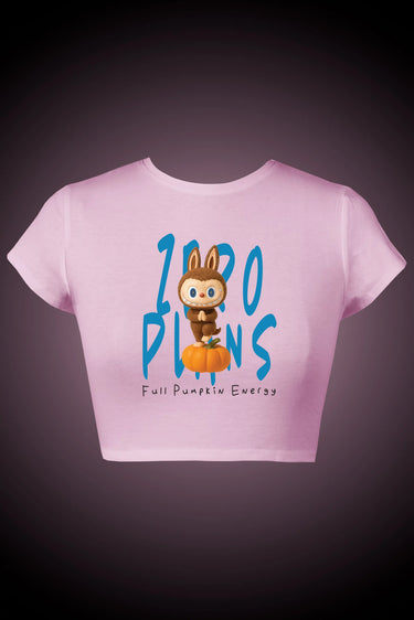 Pink crop top with a labubu and a pumpkin with the text 'zero plans' on a dark background