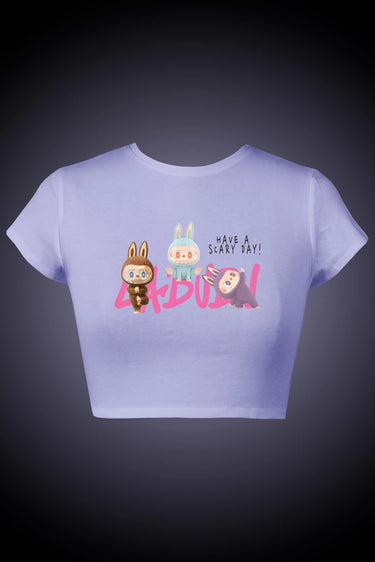 Lavender crop top with labubu characters and text on a black background